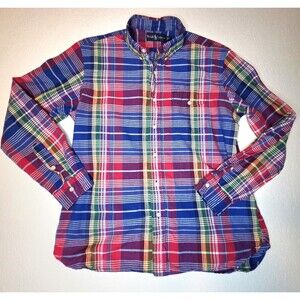 Ralph Lauren Shirt Men Large Blue Red Multi Plaid Button Up Madras